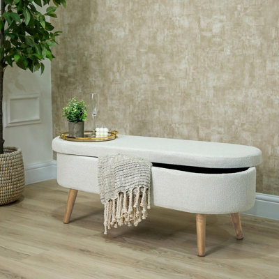 110cm Boucle White Storage Bench for Bedroom, Accent Storage End of Bed Bench with Wooden Legs