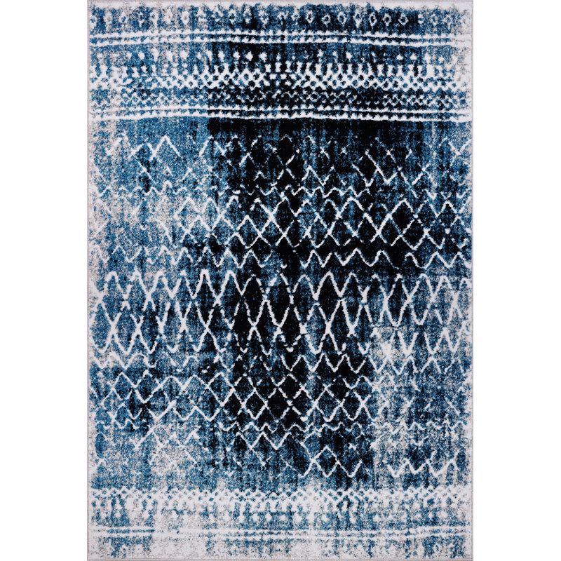 Tapis abstrait turquoise / noir Mangassa, Rectangle 3 pi 9 po x 5 pi 5 po