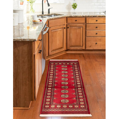 Tapis unique en laine noué à la main Bokhara rouge de 2 pi 8 po x 6 pi 8 po Peshawar