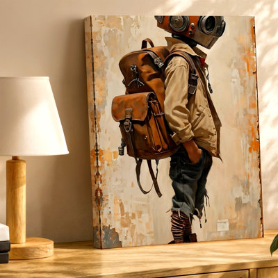 Vintage Robot Boy with Backpack Steampunk Canvas Print Industrial Decor Wall Art Print, Living Room Bedroom Office Hallway Decor, Modern Surreal Gallery Wall Accent for Apartment Loft Entryway Home Style