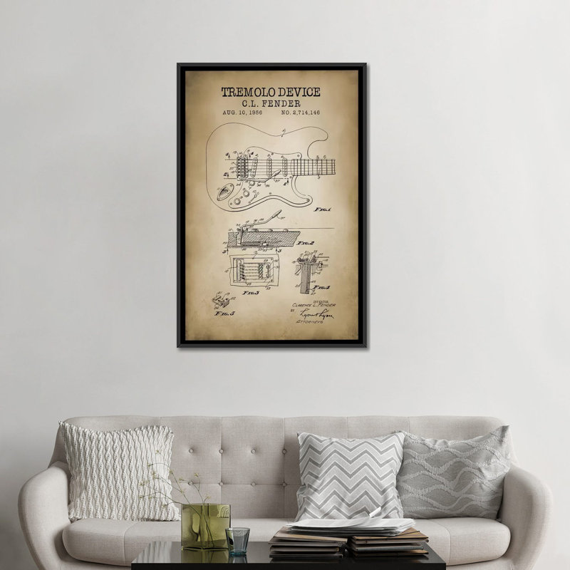 « tremolo device », impression sur toile, H 26 po x l 18 po x P 1,5 po, Toile avec cadre noir, Pas de tapis