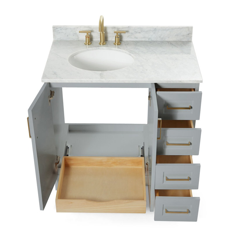 Meuble-lavabo simple en bois massif 37 po gris Freitas avec plateau en marbre de Carrare 0,75 po, évier gauche, lavabo ovale