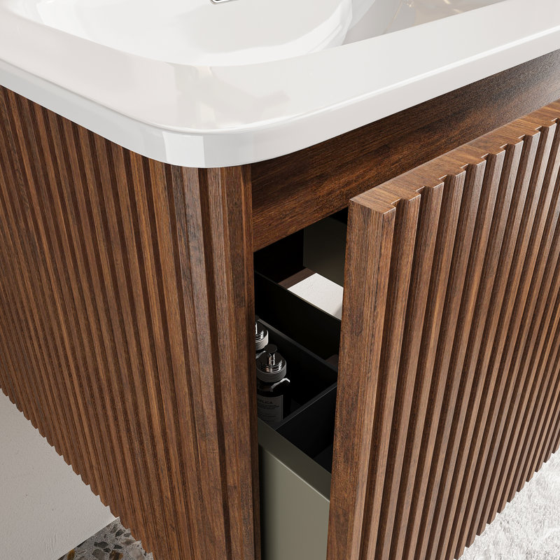 Meuble-lavabo simple mural et flottant avec lavabo en céramique, Noyer, 24"