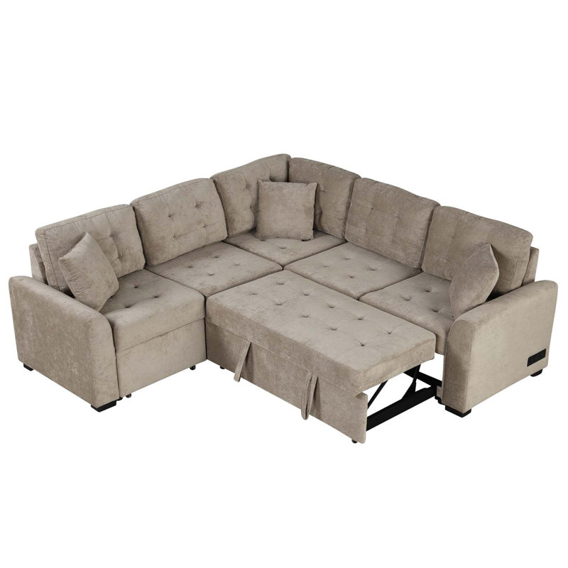 Canapé-lit escamotable en forme de L 82,6 po avec roulettes, ports USB, prises de courant pour le salon, kaki, Kaki