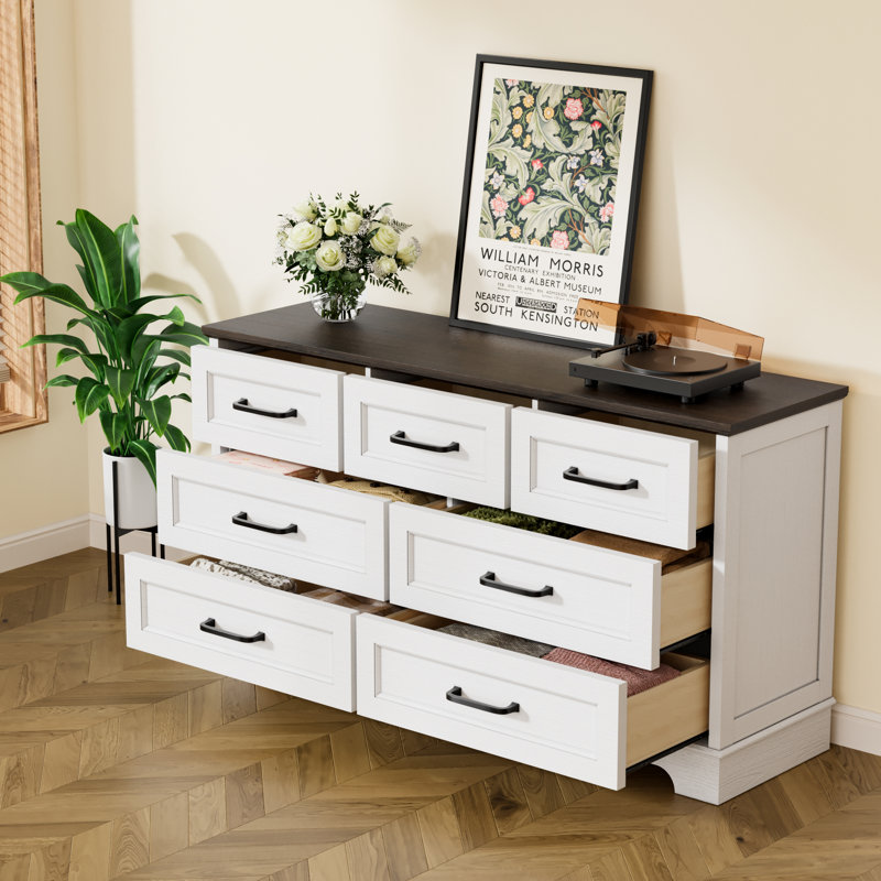 Commode 7 tiroirs, commode de ferme 54 po, Blanc / Brun