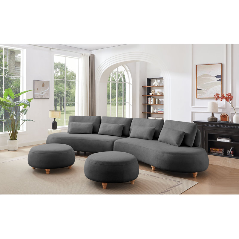 Canapé semi-circulaire surdimensionné en forme de lune avec 2 repose-pieds et 4 coussins, Tissu gris