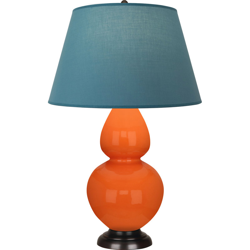 Lampe de table double gourde en céramique, Bleu vif / gris, Citrouille vernie / bronze, Bronze