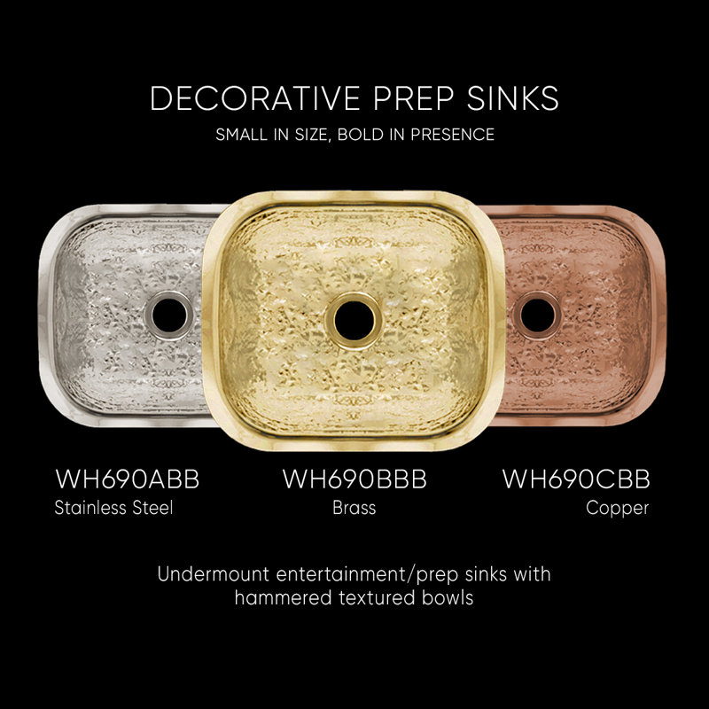Hammered Brass Rectangular Undermount Prep Sink, 18"