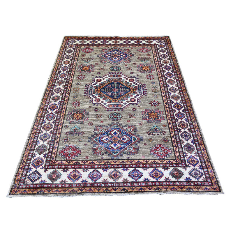 Tapis afghan super Kazak noué à la main 5 pi 1 po x 6 pi 10 po en laine blanc os