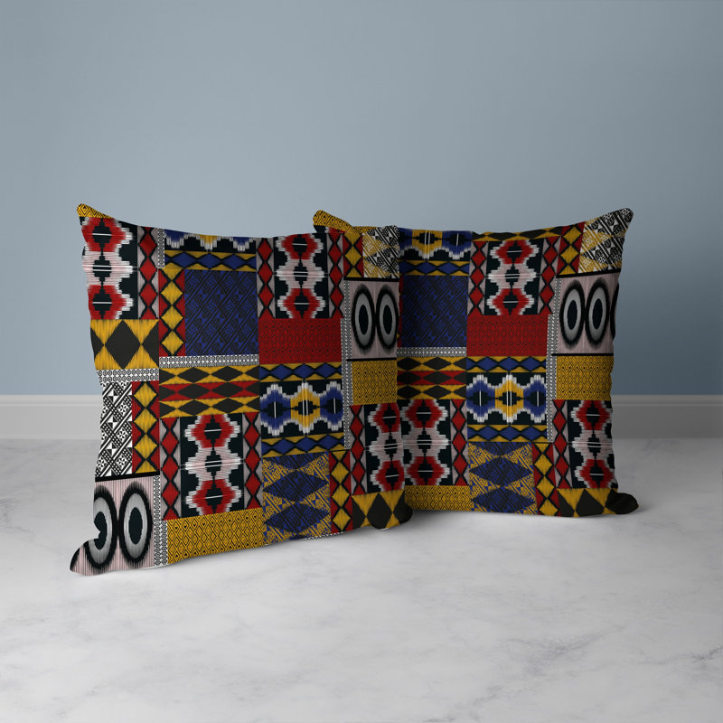 Coussin décoratif réversible Patchwork, Bleu / rouge / patchwork jaune, H 20 po x l 20 po
