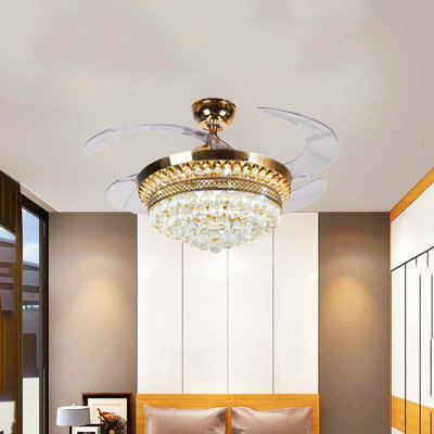 42'''' 4 - Blade Gold Modern Crystal Ceiling Fan Chandelier LED 3 Color Remote Control Retractable Invisible Blades -  Rosdorf Park, EFE257DD696B401B85BE383A6B76D5F3