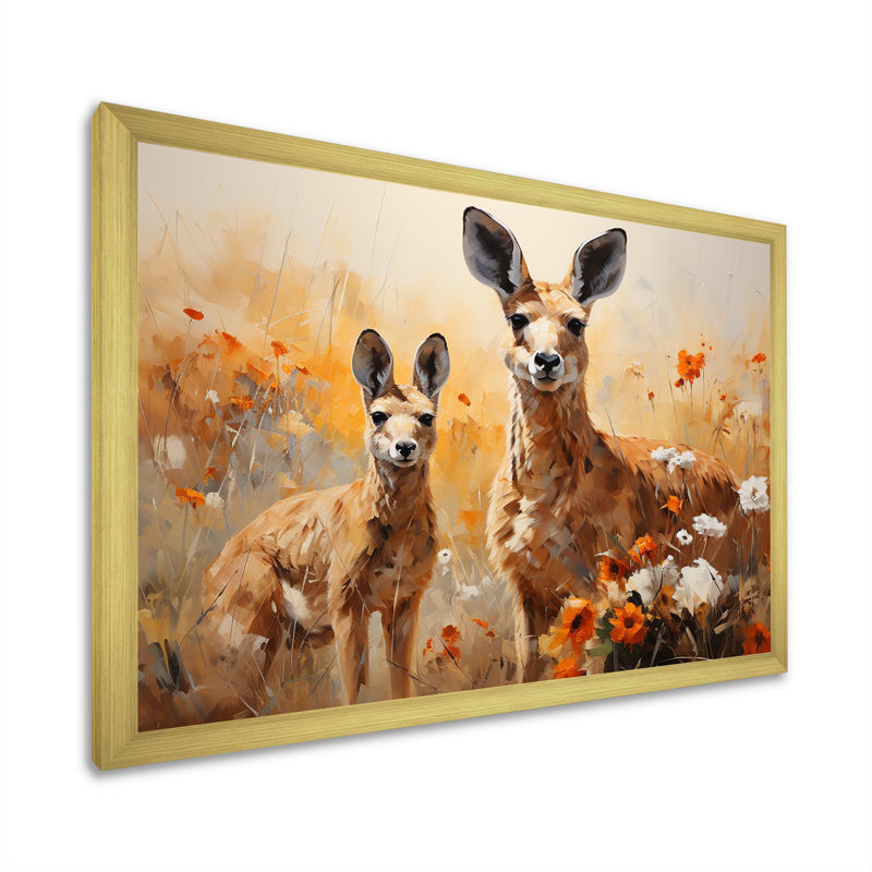 «Kangaroo Golden Blooms Outback» sur toile, Cadre doré simple, H 30 po x l 40 po x P 1,5 po