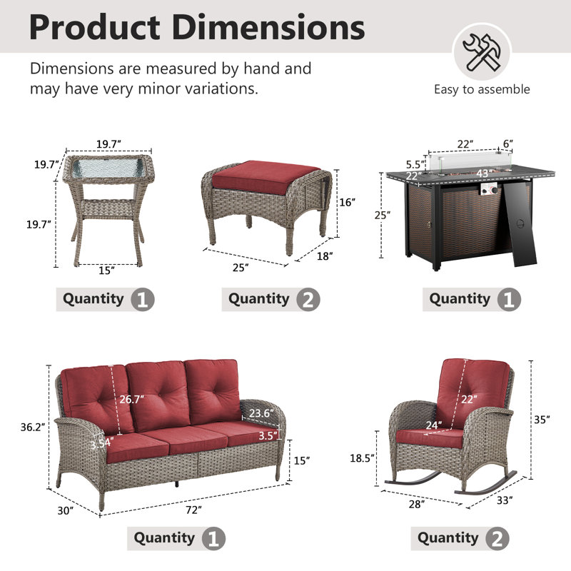 Ensemble de table de foyer d'extérieur en rotin 7 pièces avec chaises berçantes et canapé, Rouge