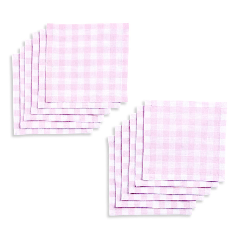 Gingham Check - 100% Pure Linen Cocktail Napkins , Marshmellow Pink
