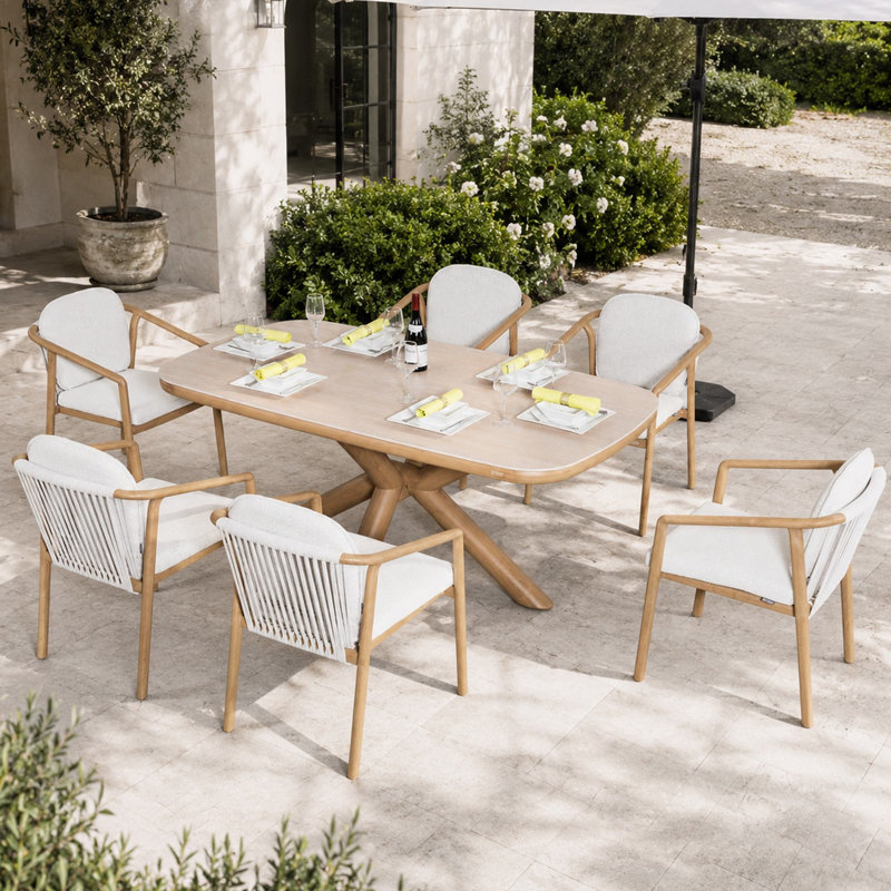Ensemble repas d'extérieur en aluminium 6 personnes avec table rectangulaire Chelsea, coussins inclus