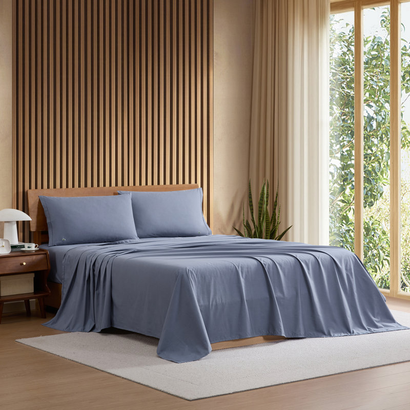 Lacoste Cotton Percale Sheet Set, Crisp Feel & Breathable Bedding, Deep Pocket Fitted Sheet, Vintage Indigo, King