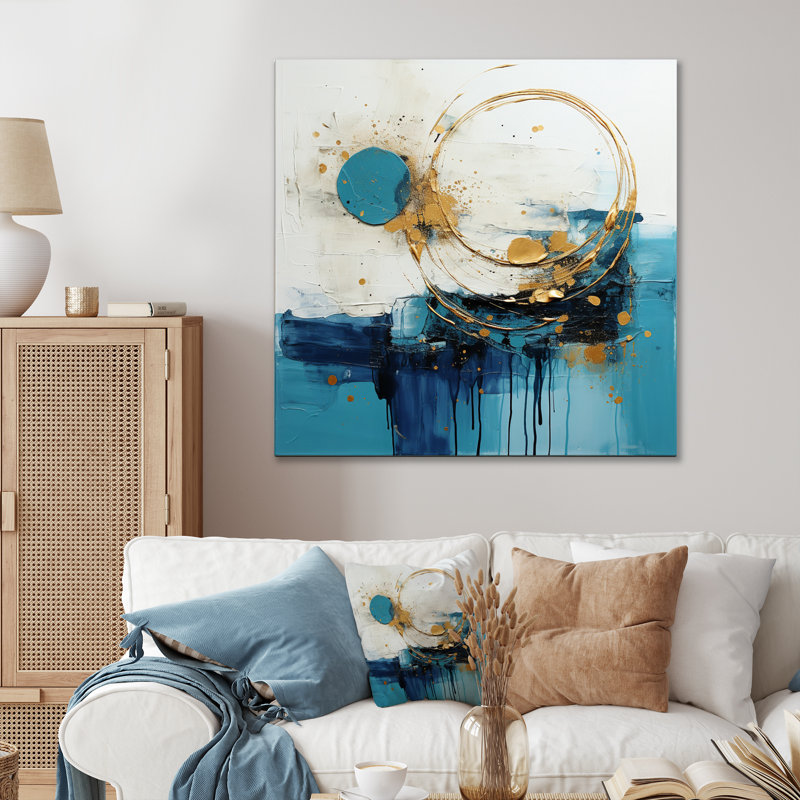 Céleste délice abstrait en turquoise et or I - reproduction d'art sur toile, H 16 po x l 16 po, Toile tendue