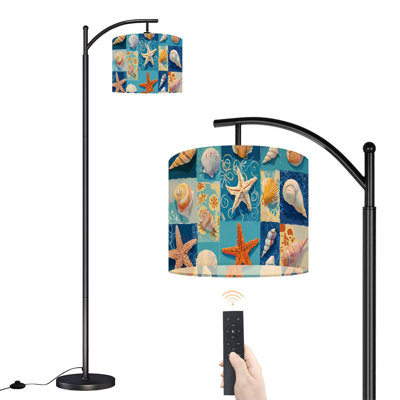 Arc Floor Lamp with Adjustable Lampshade Seashell Starfish Blue Turquoise Patchwork Standing Lamp 3 Color Temperatures Dimmable Tall Pole Lamp with Foot Switch for Bedroom