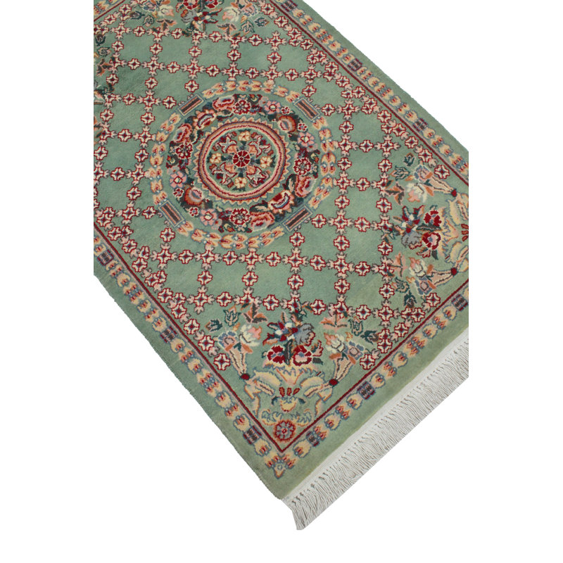 Tapis de cour fait à la main pak-persan - vert - rouge, 2 pi 1 po x 3 pi 2 po