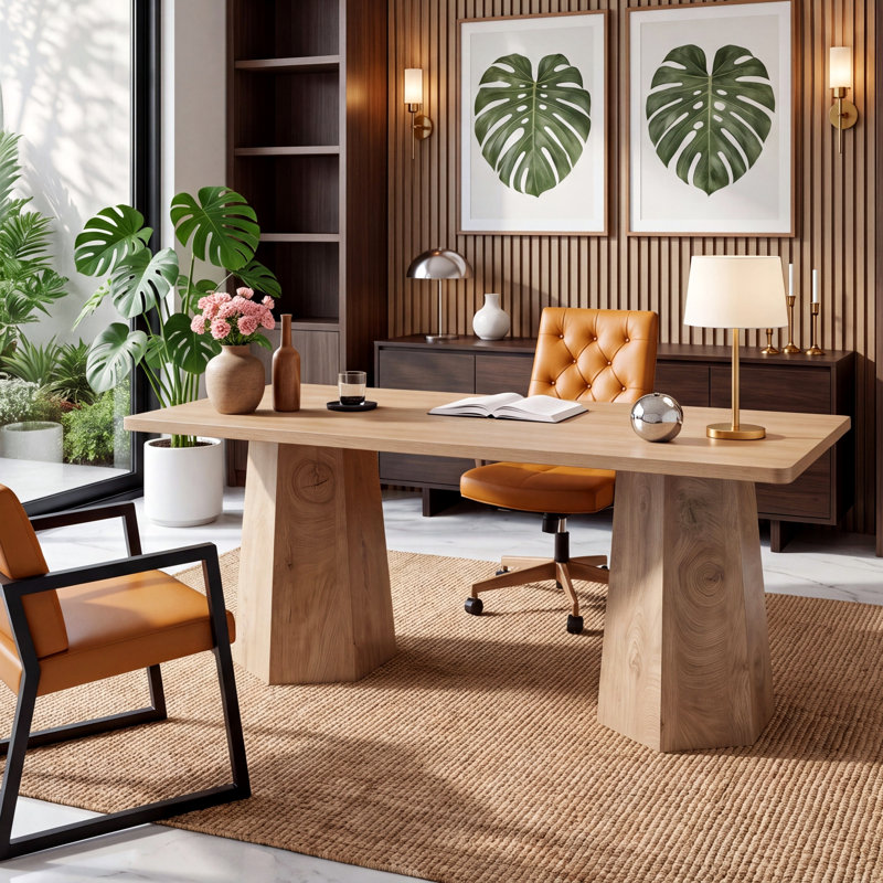 Bureau de direction rectangulaire de 159 cm avec piètement trapézoïdal, table de travail en bois pour bureau à domicile