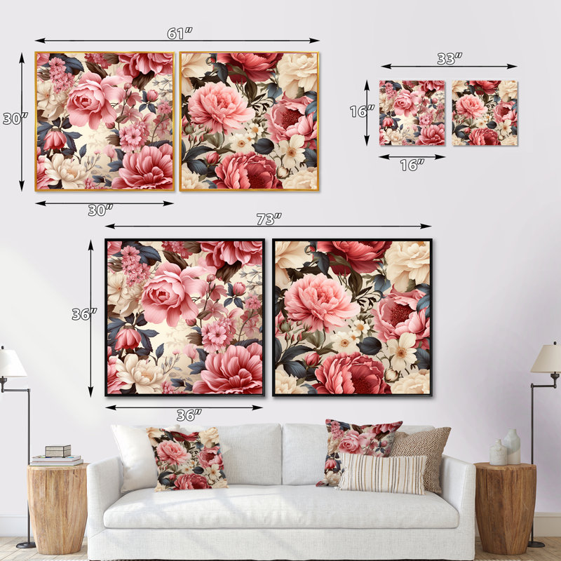 Ensemble de 2 roses rétro vintage à motif victorien - collage carré floral, H 16 po x l 33 po, Cadre flottant doré