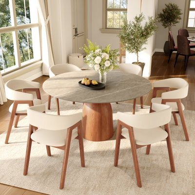 5/7 Pcs Mid-Century Sintered Stone Round Dining Table Sets With Comfort Leather Upholstered Kitchen Chairs For 4/6