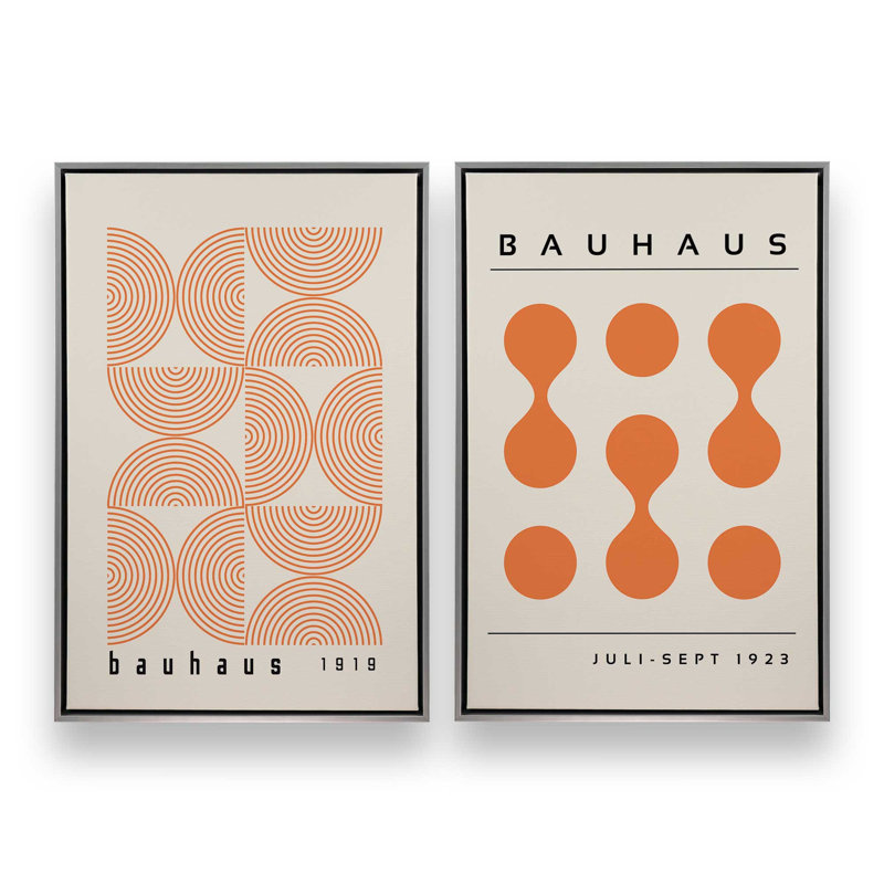 Bauhaus Flow and Composition in Orange Set of 2, Polished Chrome Floater Framed, 49" H x 66" W