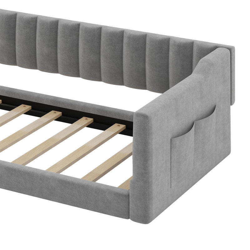 Lit de jour rembourré et poche de rangement latérale, Très grand lit simple, Gris