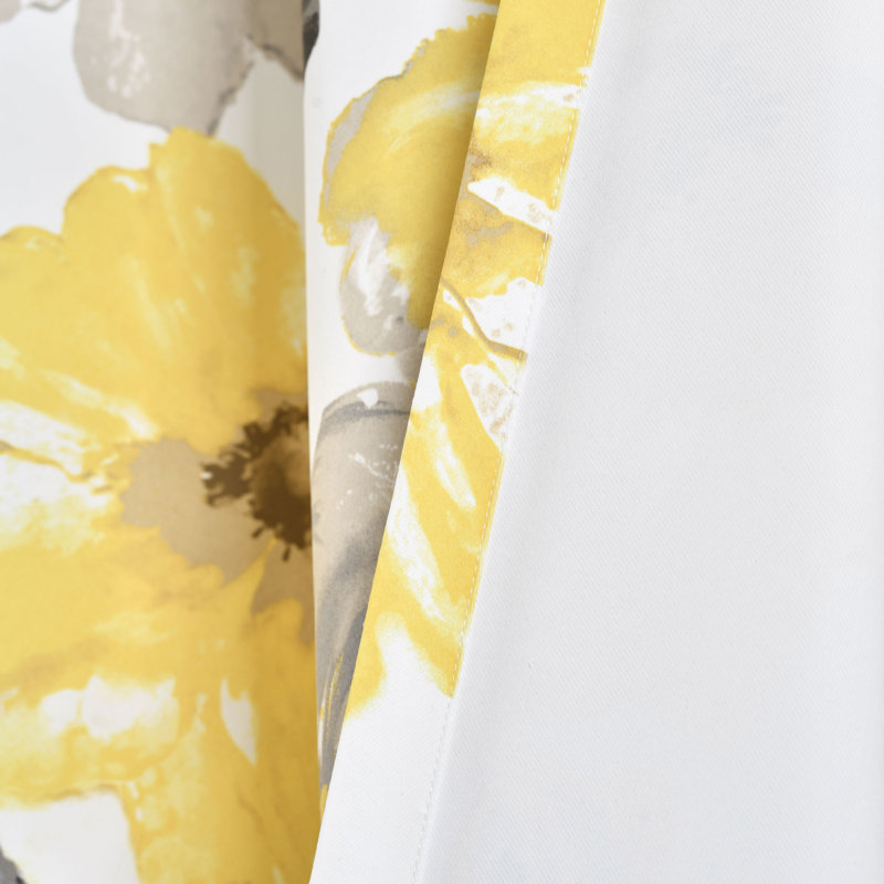 Yellow and Gray Floral Faux Silk Room Darkening Curtain Panels, 52"W x 84"L