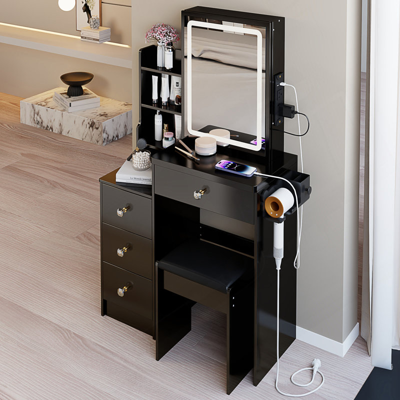 Jamie Cabinet Vanity Table with Padded Stool, Black