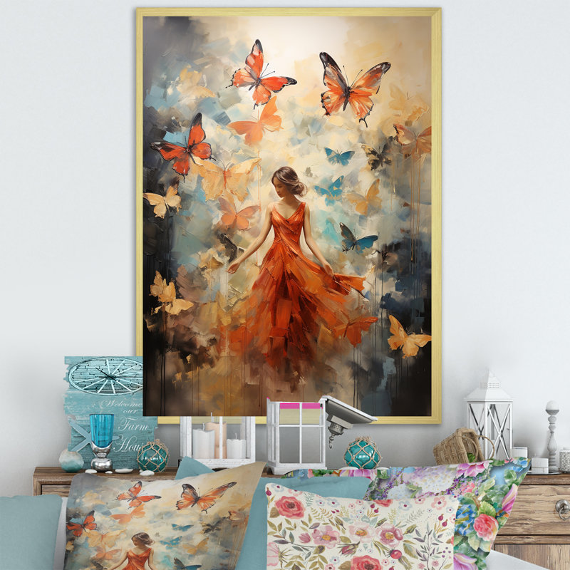 «Butterfly and Woman Dance» - Art mural sur toile, Cadre doré simple, H 40 po x l 30 po x P 1,5 po
