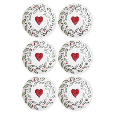Elegant Ceramic Dessert Plate Set (6 Pieces), 7.5 x 7.5 x 0.4 inches | 100% Ceramic, Dishwasher Safe, White with Red & Green Accents | Perfect for Serving Desserts, Stylish & Durable Dining Essential