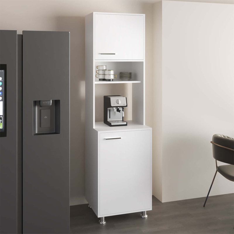 Armoire de cuisine Antares avec deux portes, une tablette centrale ouverte et un rangement supérieur pour les cuisines compactes