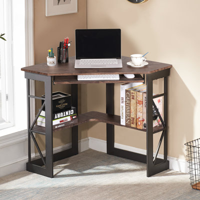 Bureau en coin Lambrecht avec tablettes de rangement, bureau d'ordinateur triangulaire avec plateau à clavier et étagères pour petits espaces, bureau d'écriture compact à 90 degrés pour bureau d'ordinateur personnel, salon, chambre à coucher