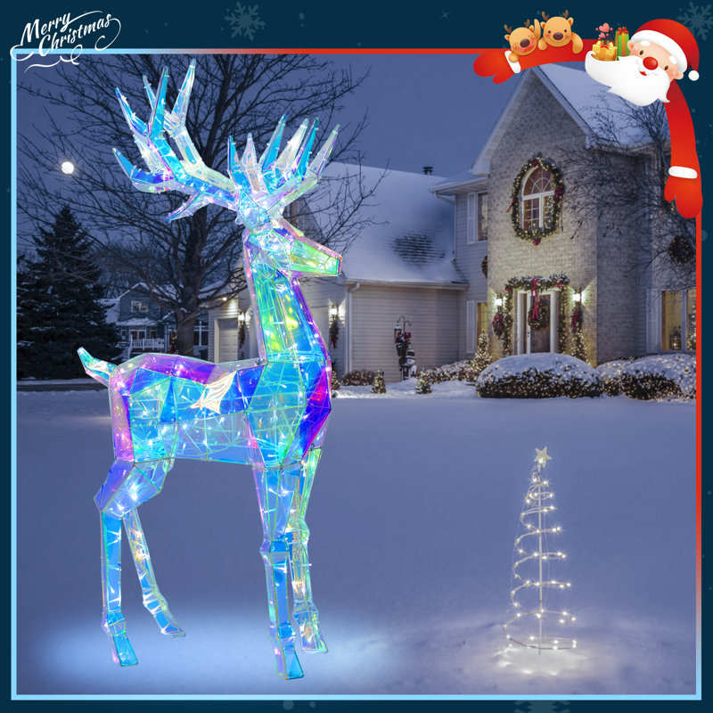 Renne de Noël illuminé 60 po, renne prismatique extérieur irisé avec 160 lumières DEL, piquets, grande décoration de Noël de cerf pour la cour