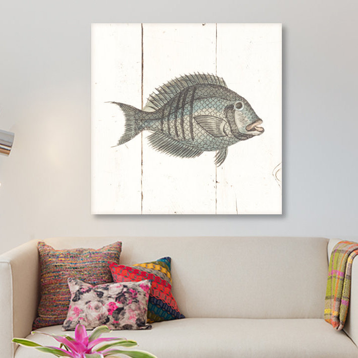 « fish sketchs i shiplap », impression sur toile, H 26 po x l 26 po x P 1,5 po, Toile tendue, Pas de tapis