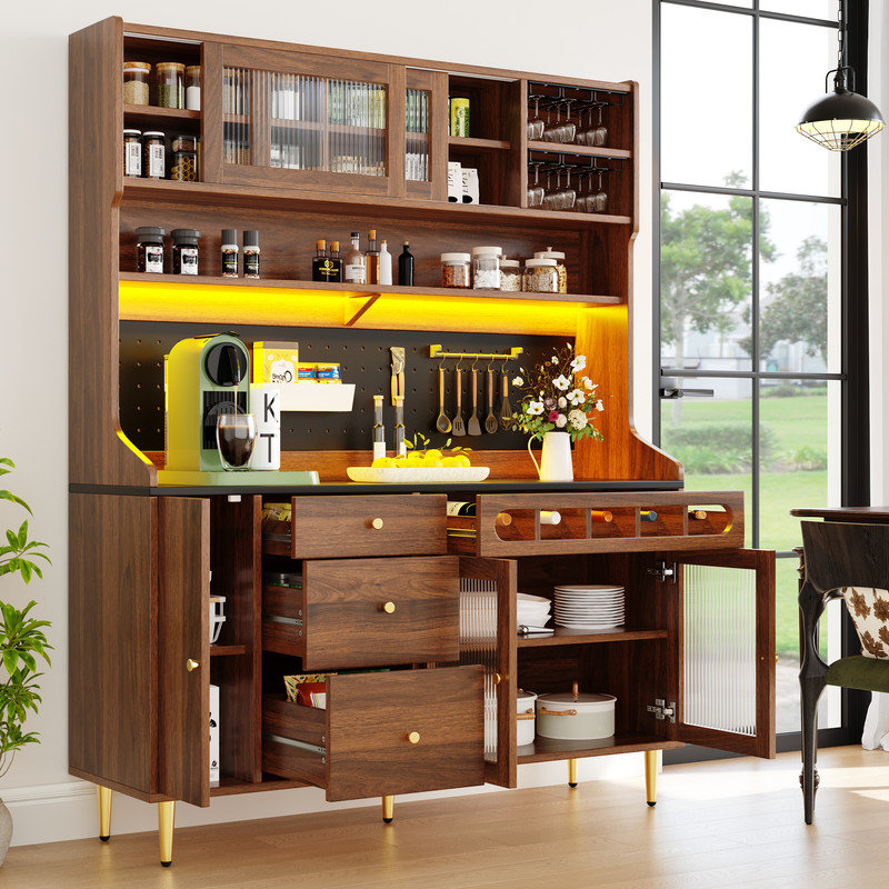 Modern Highboard with Adjustable Shelves & LED Lights, Freestanding Tall Cabinet with Wine Rack for Living Storage, Walnut