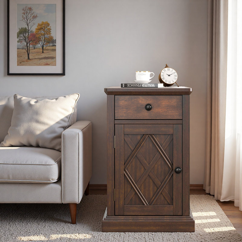 Classic End Table With Usb Ports, Drawer And Spacious Cabinet, Antique Brown