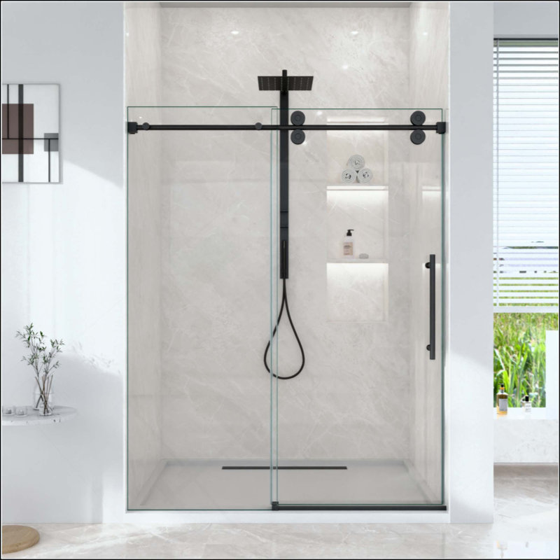 Porte de douche coulissante simple sans cadre - verre trempé transparent, conception à dérivation, Noir mat