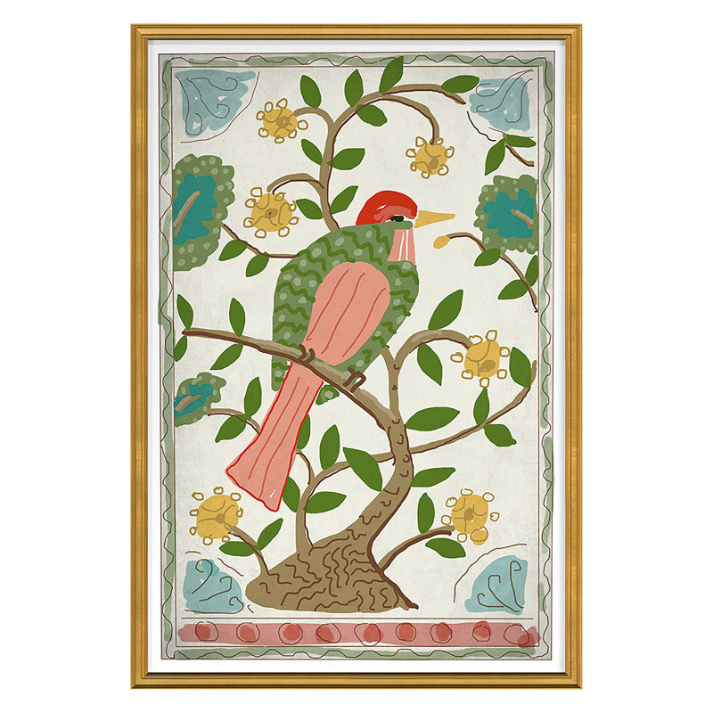 Pink Throated Thrush Print by Dana Gibson, 42" H x 28" W x 1" D, Gold