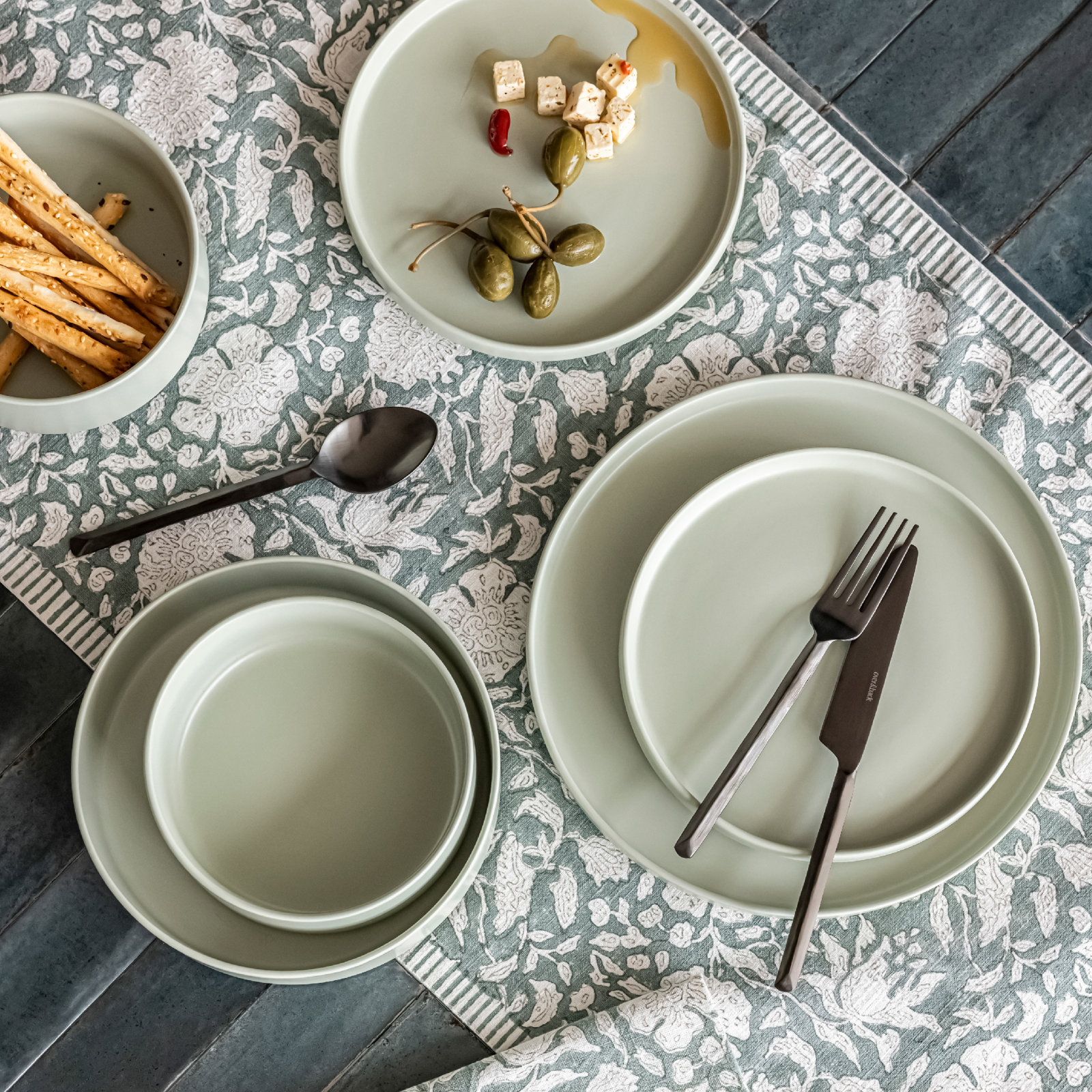 Stackable Stoneware Dinnerware Set, Sage