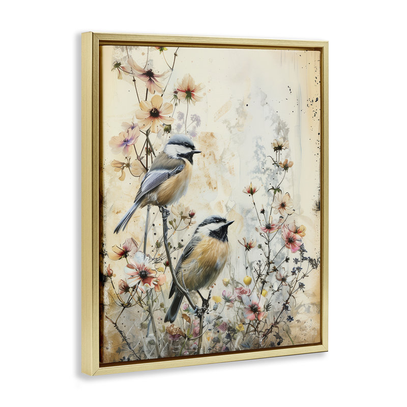Sparrows perché sur un cadre flottant à motif floral, design par Arlington Prints, H 21 po x l 17 po