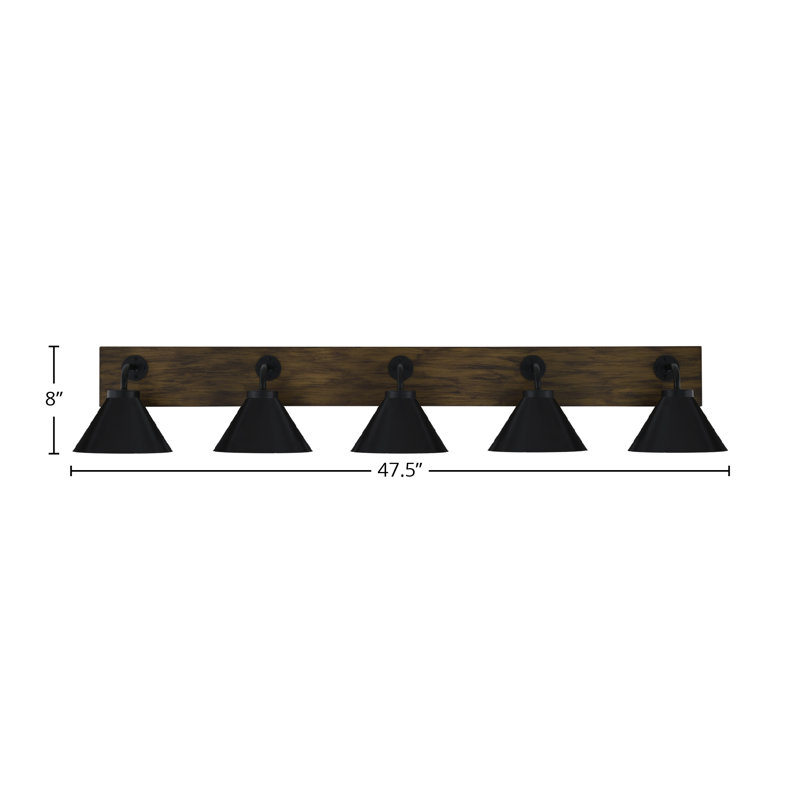 Oxbridge 5 Light Bath Bar Shown With 7" Cone Metal Shades, Matte Black, Matte Black/Brown