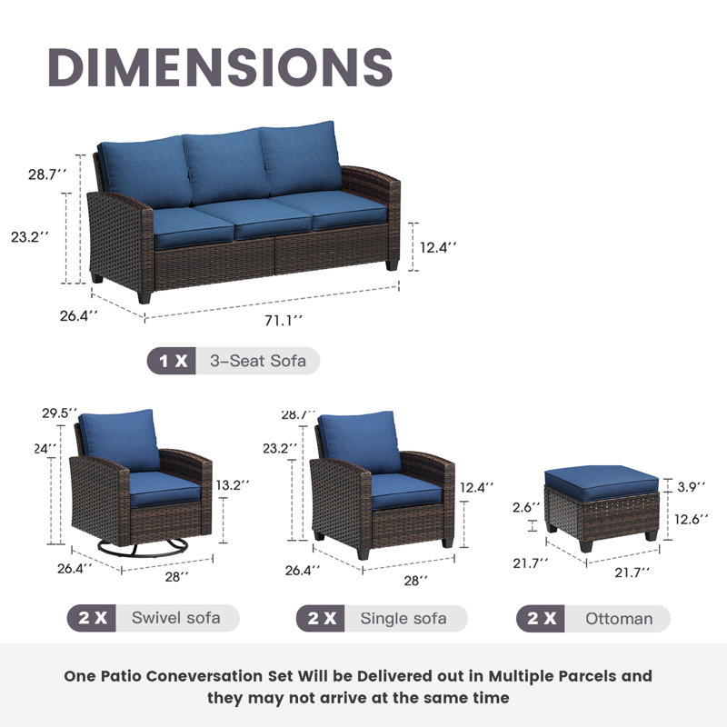 Ensemble de conversation 7 pièces avec coussins 7 pièces, Structure brune / coussin bleu ardoise