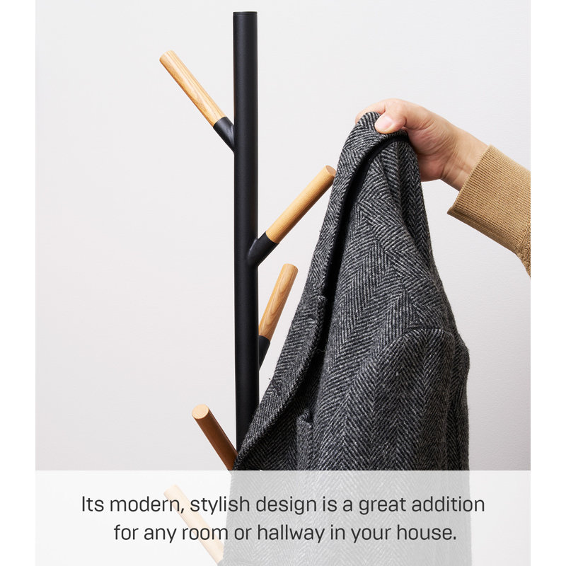 Sleek Yamazaki Black Freestanding Coat Rack with Wood-Tipped Hooks