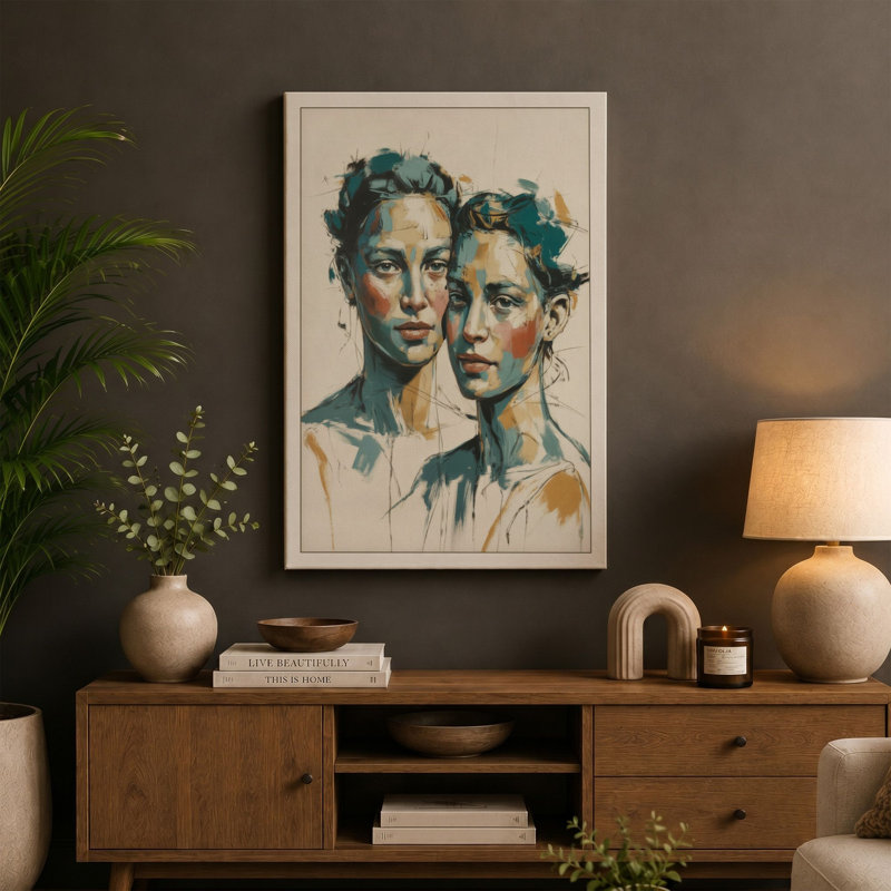 Two Figures in Teal Modern - Wrapped Canvas, 36x24 - 91.4 x 61.0 cm, Cream Border