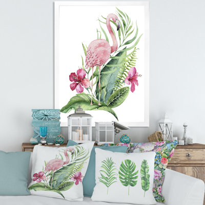 Flamant rose avec feuillage exotique et fleurs roses - Art mural floral