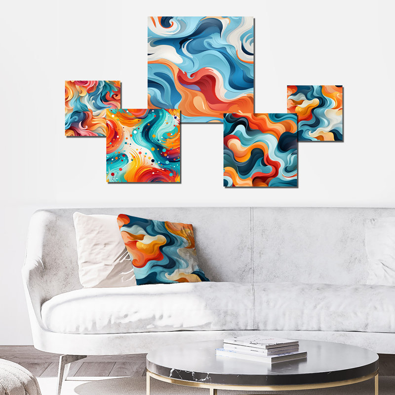 «Green and Orange Swirling Harmony Waves», ensemble d'art mural abstrait de 5