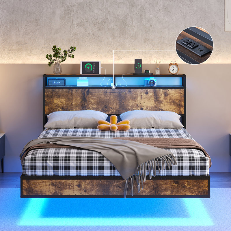Khemis Floating Bed Frame with LED Lights and  Charging Station, Rustic Brown, Queen