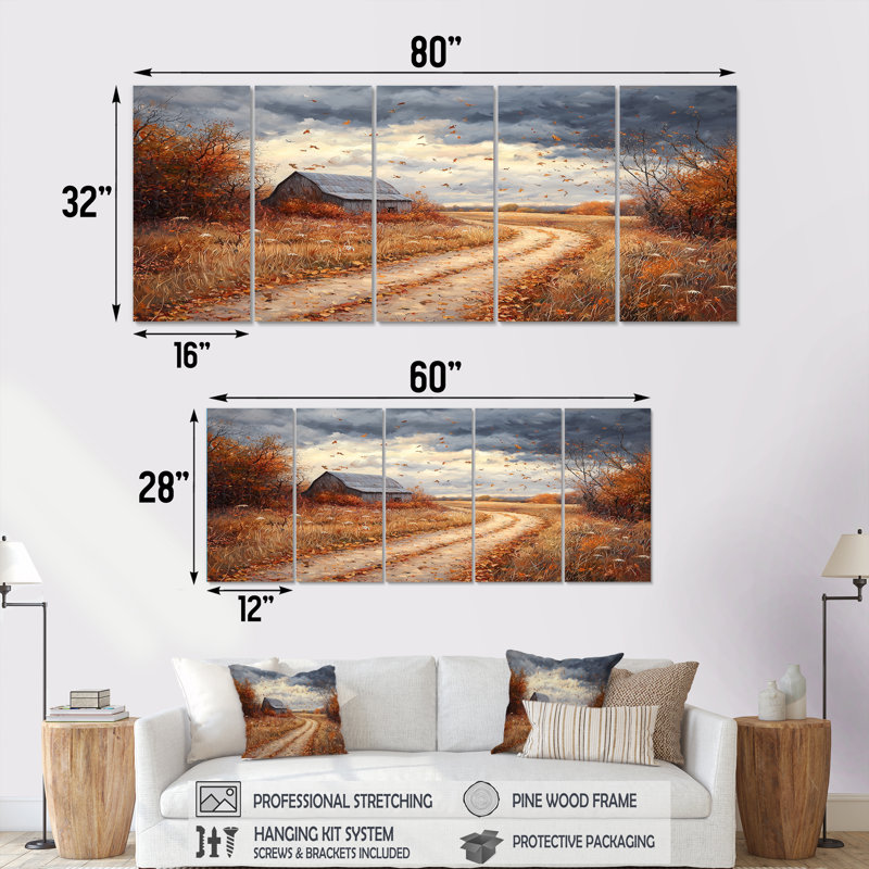 Windy Prairie Leaves Path o The Barn I - Prairie Wall Art - Traditional Wall Art Decor, H 28 po x l 60 po, 5